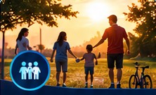Famille se promenant au coucher du soleil