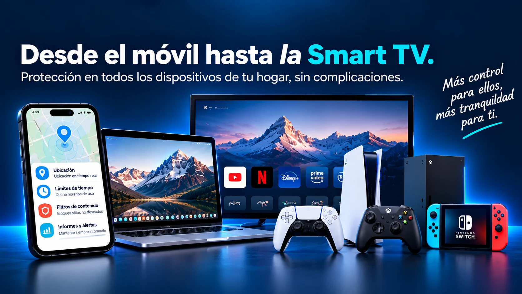 Du mobile à la Smart TV : une protection sur tous les appareils de votre foyer, sans complications. Mobile, ordinateur portable, Smart TV et consoles gérés avec NETXO. Plus de contrôle pour eux, plus de sérénité pour vous.